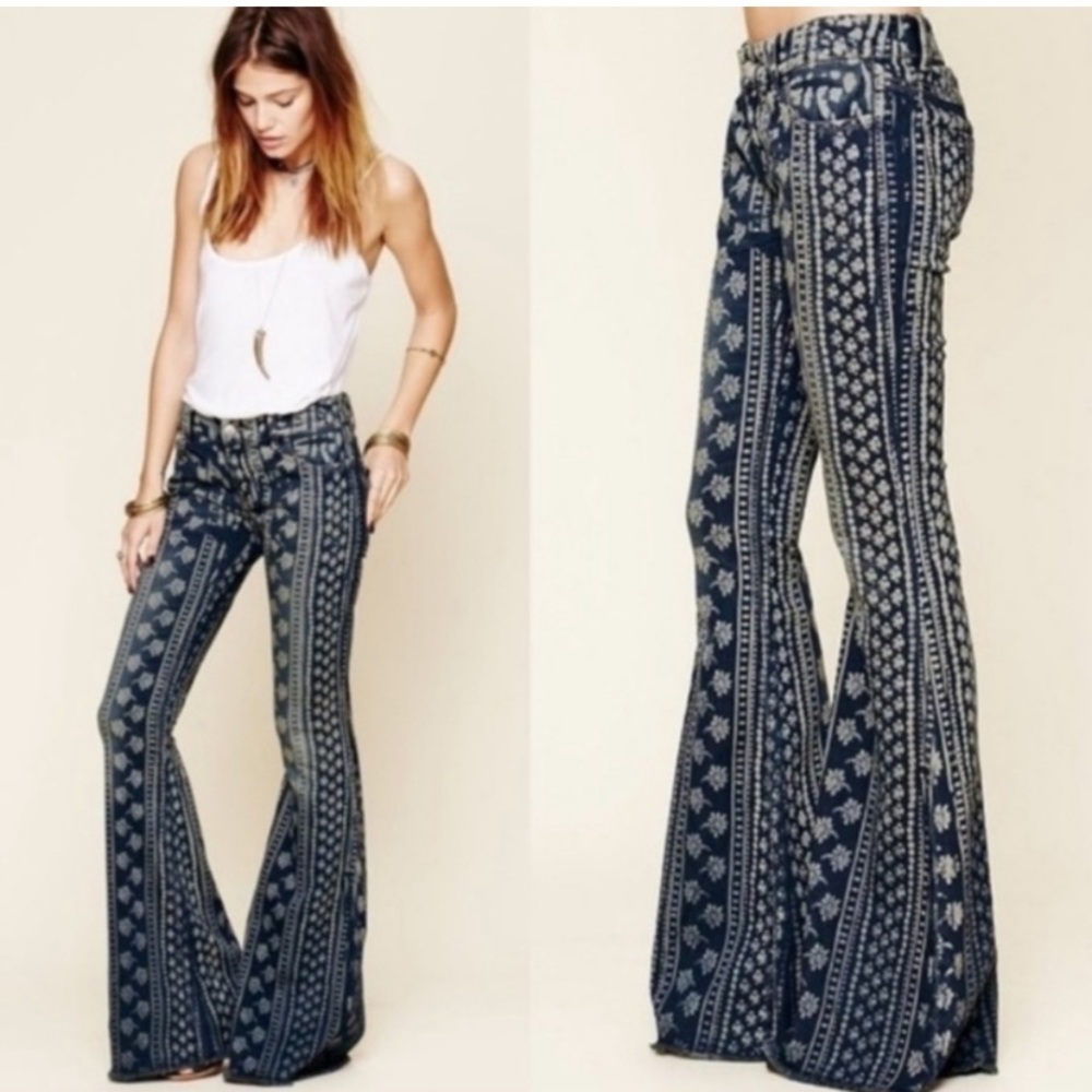 Free People Rare Bali Flare Mantra Indigo Patterned Bell Bottom Fringed Pants